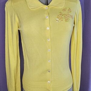 Vertigo Paris Yellow Cardigan Sweater with Embroidery
